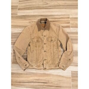 Levis Mens Canvas Trucker Jacket Tan Plaid Lined Corduroy Collar Distressed S